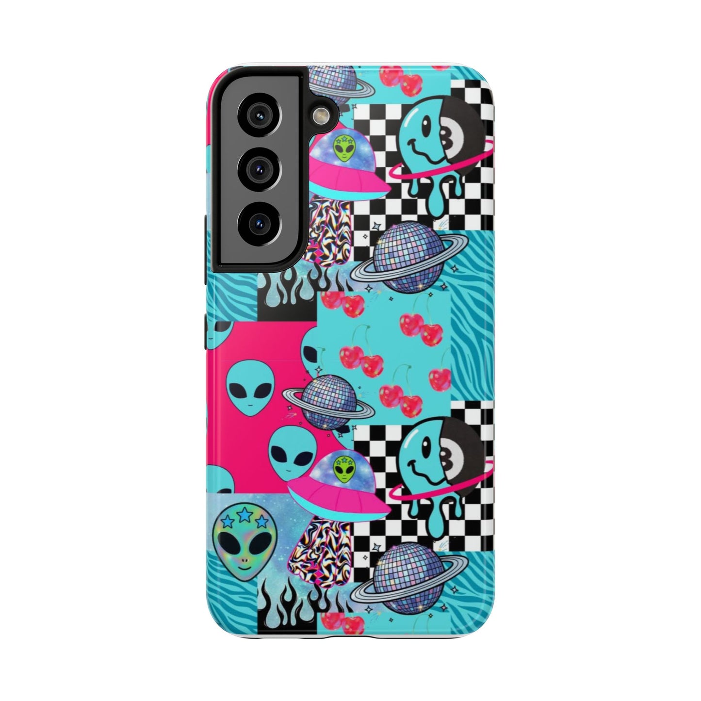 Alien Collage Tough Phone Case — Retro Checkerboard, Planets & Cherry Pop Design