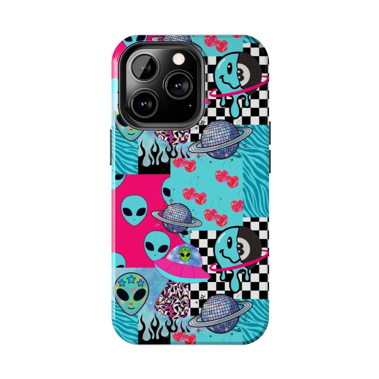 Alien Collage Tough Phone Case — Retro Checkerboard, Planets & Cherry Pop Design
