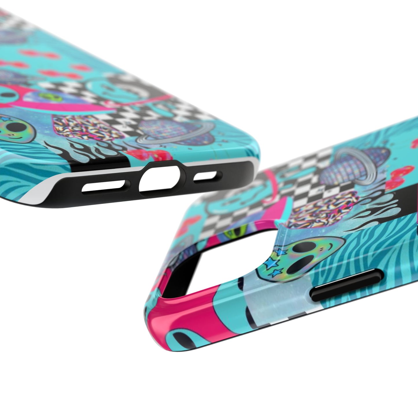 Alien Collage Tough Phone Case — Retro Checkerboard, Planets & Cherry Pop Design