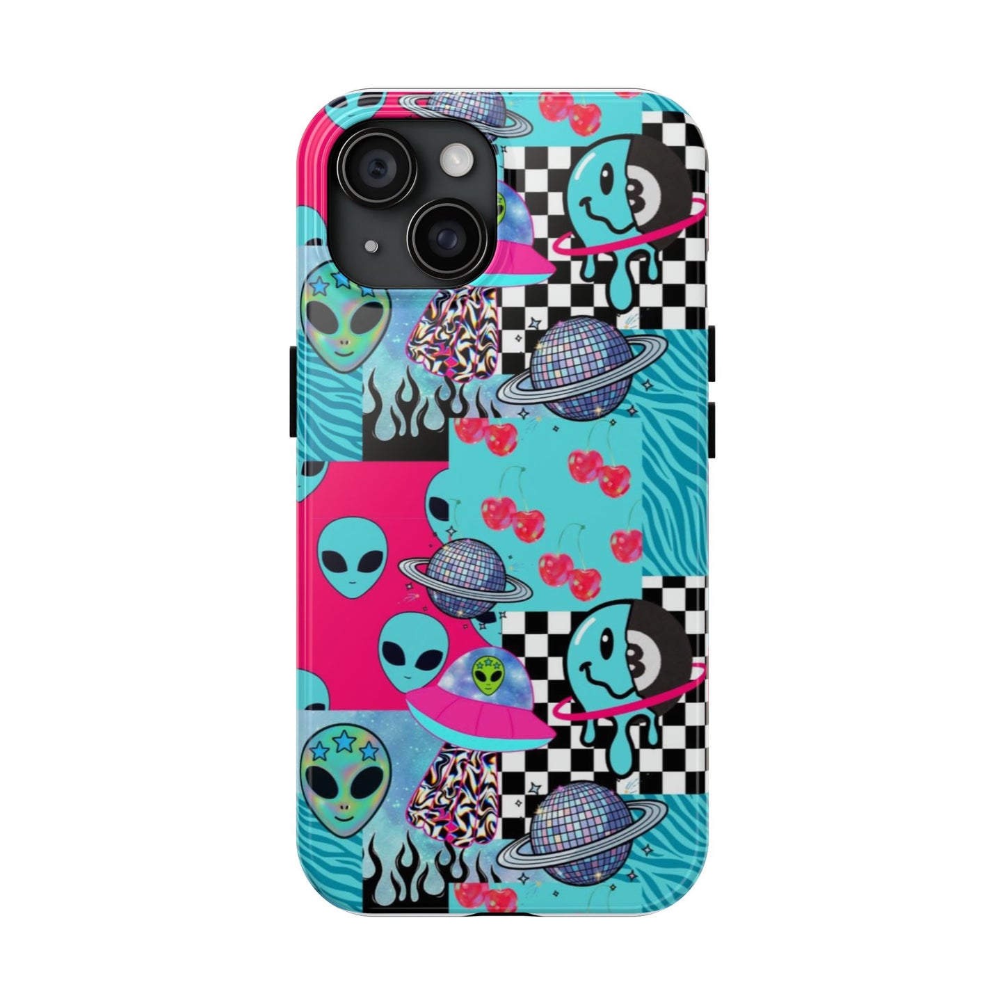 Alien Collage Tough Phone Case — Retro Checkerboard, Planets & Cherry Pop Design