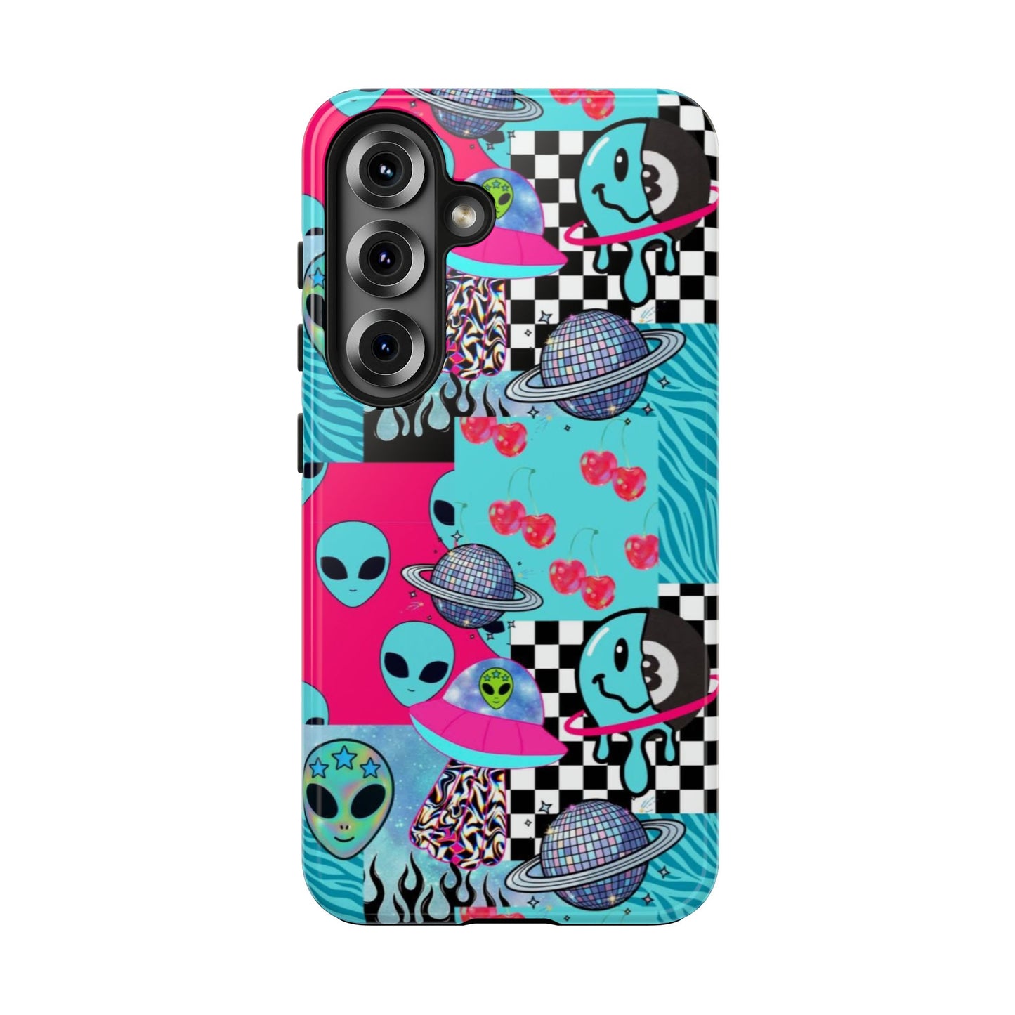 Alien Collage Tough Phone Case — Retro Checkerboard, Planets & Cherry Pop Design