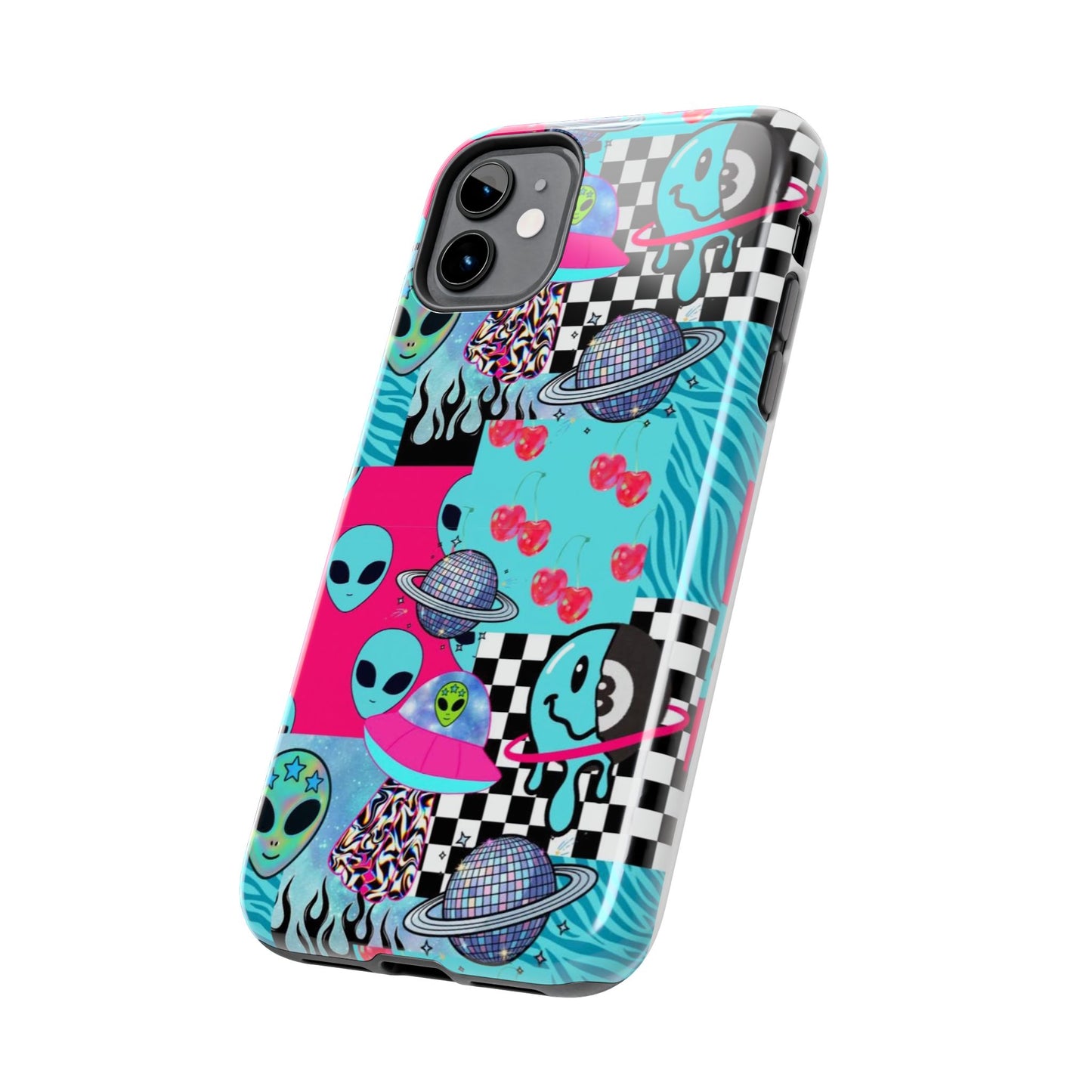 Alien Collage Tough Phone Case — Retro Checkerboard, Planets & Cherry Pop Design