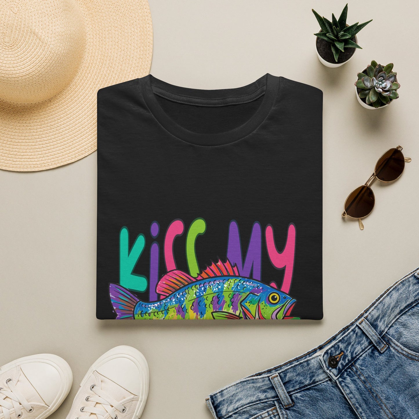 Kiss My Bass T-Shirt — Colorful Retro Fishing Tee for Anglers