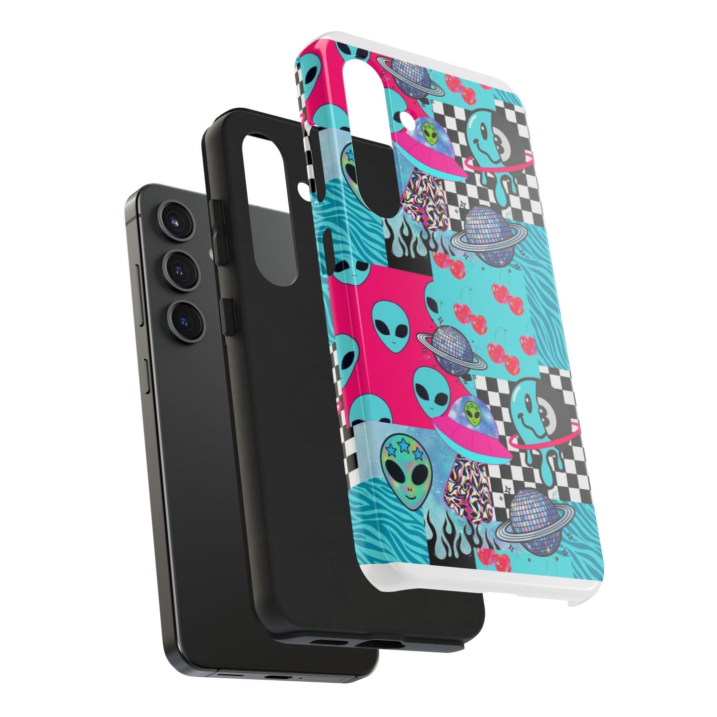 Alien Collage Tough Phone Case — Retro Checkerboard, Planets & Cherry Pop Design
