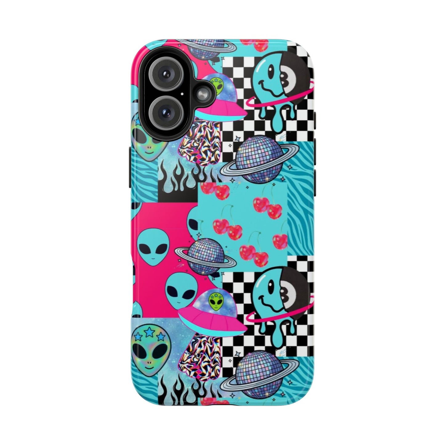 Alien Collage Tough Phone Case — Retro Checkerboard, Planets & Cherry Pop Design