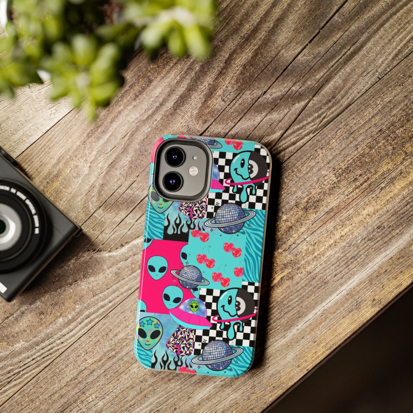 Alien Collage Tough Phone Case — Retro Checkerboard, Planets & Cherry Pop Design