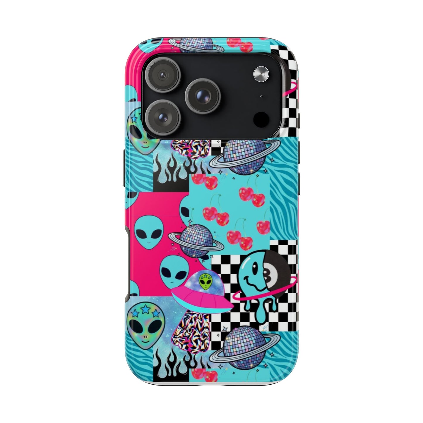 Alien Collage Tough Phone Case — Retro Checkerboard, Planets & Cherry Pop Design
