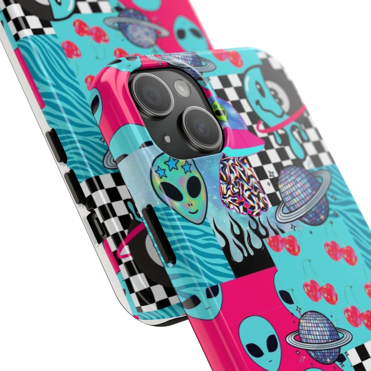Alien Collage Tough Phone Case — Retro Checkerboard, Planets & Cherry Pop Design