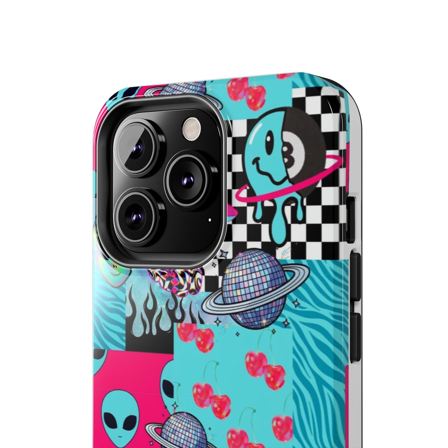 Alien Collage Tough Phone Case — Retro Checkerboard, Planets & Cherry Pop Design