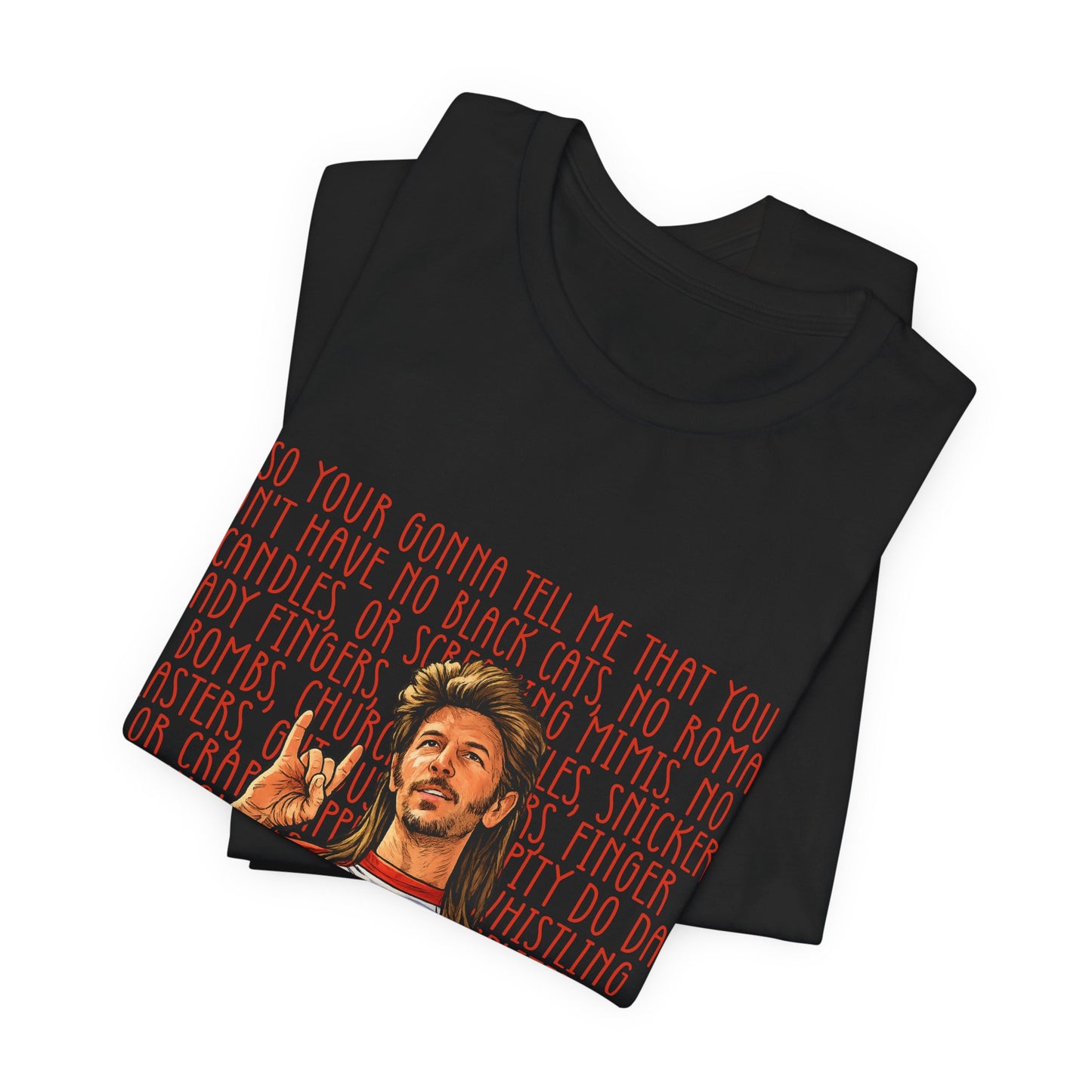 Graphic Tee — Retro Singer Illustration with Hand Gesture & Script Background