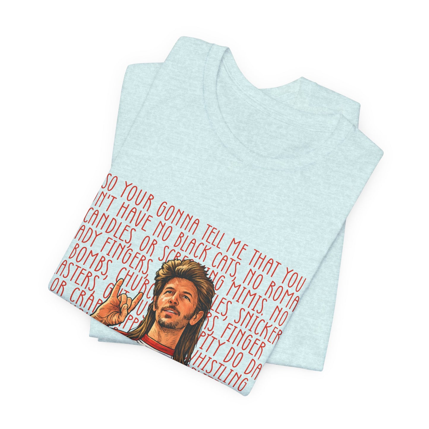 Graphic Tee — Retro Singer Illustration with Hand Gesture & Script Background