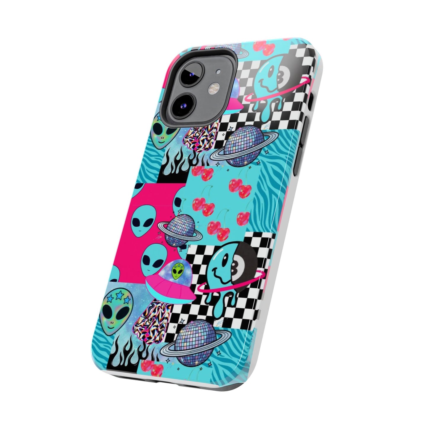 Alien Collage Tough Phone Case — Retro Checkerboard, Planets & Cherry Pop Design