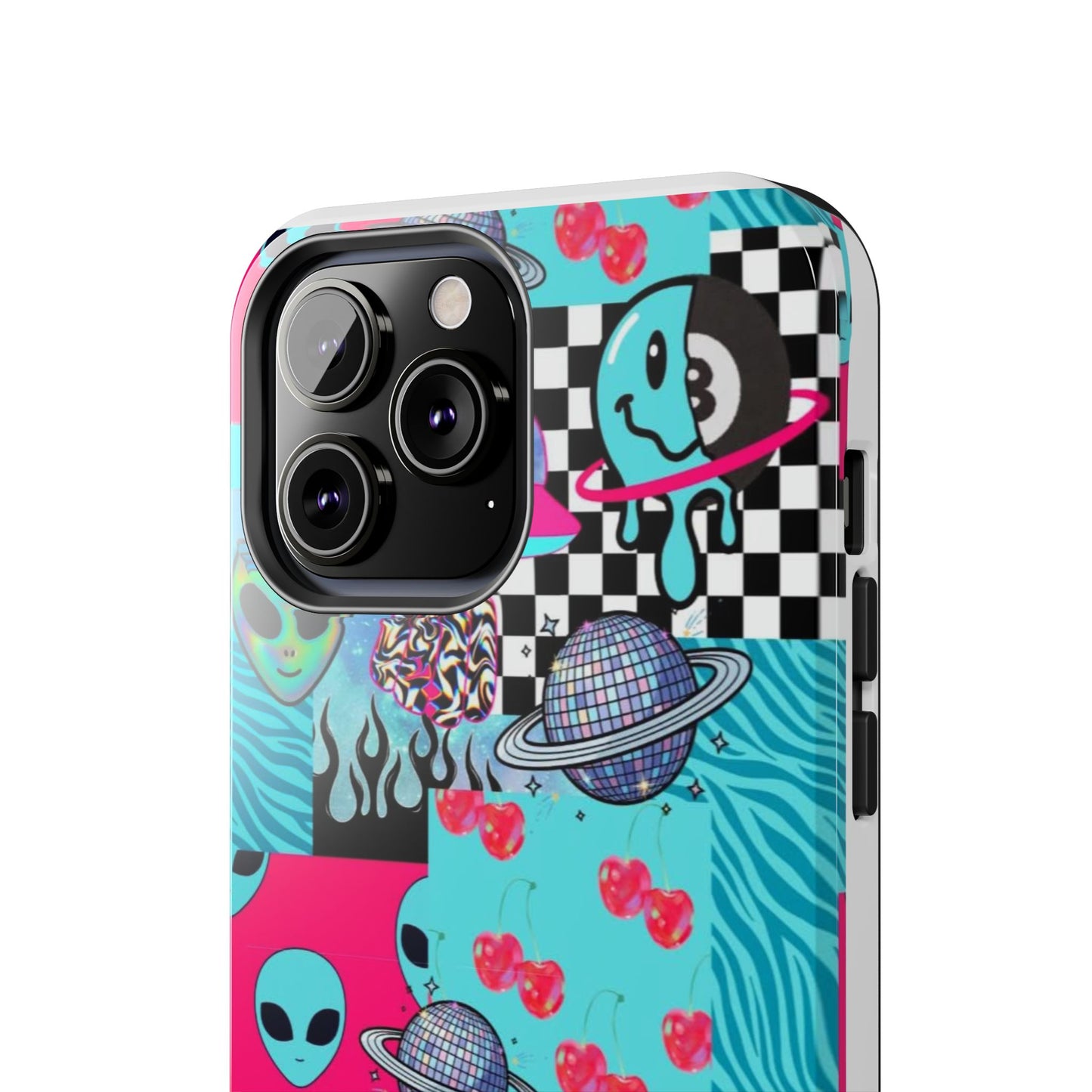 Alien Collage Tough Phone Case — Retro Checkerboard, Planets & Cherry Pop Design