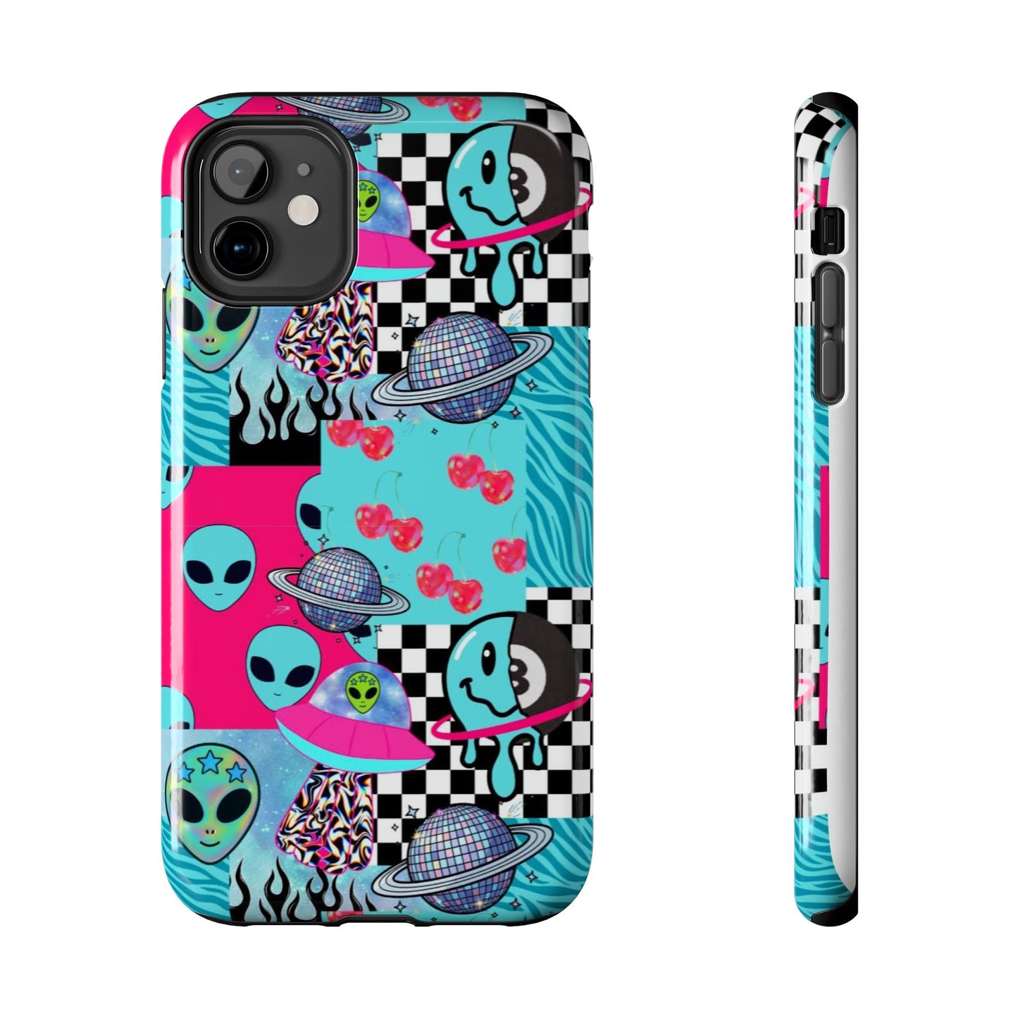 Alien Collage Tough Phone Case — Retro Checkerboard, Planets & Cherry Pop Design