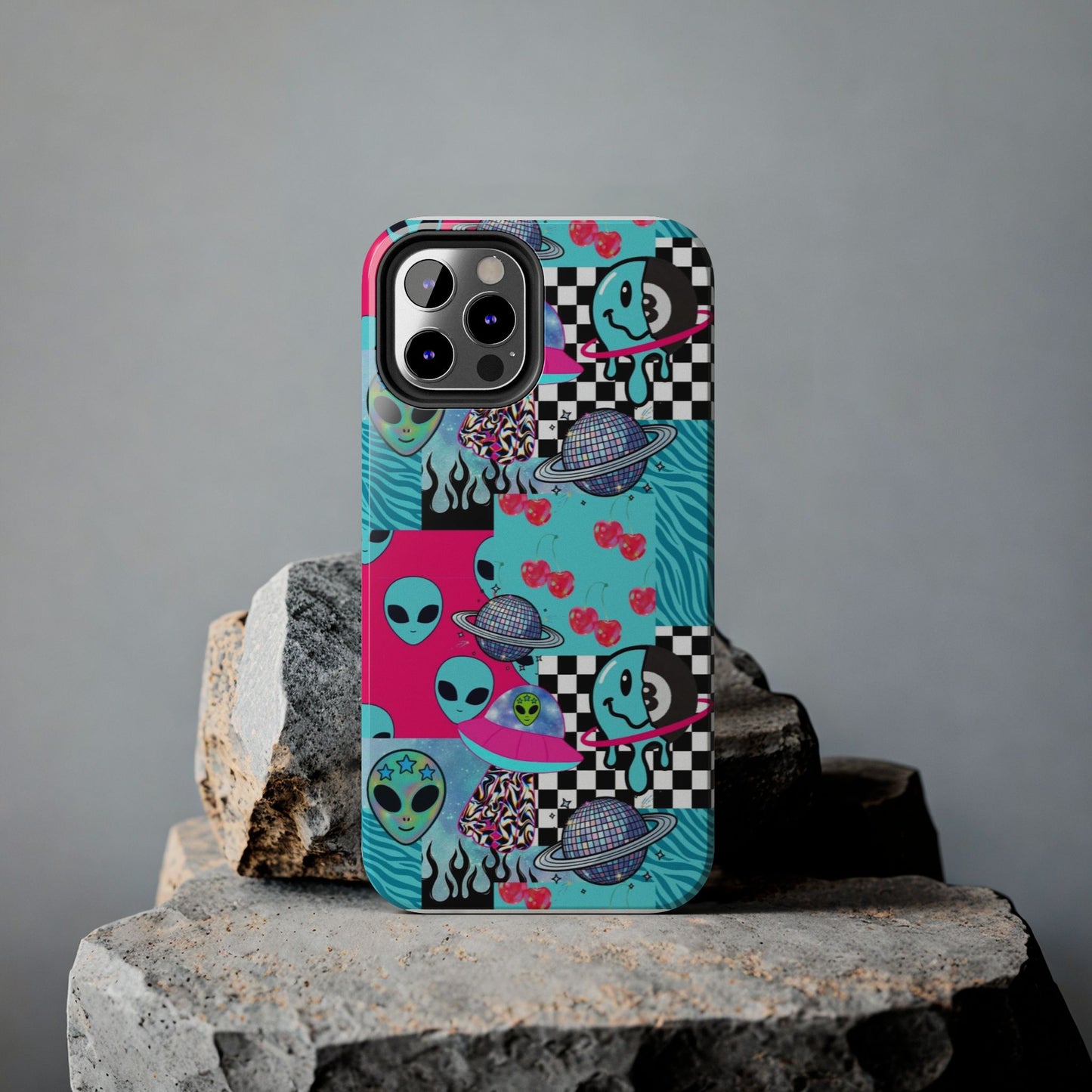 Alien Collage Tough Phone Case — Retro Checkerboard, Planets & Cherry Pop Design