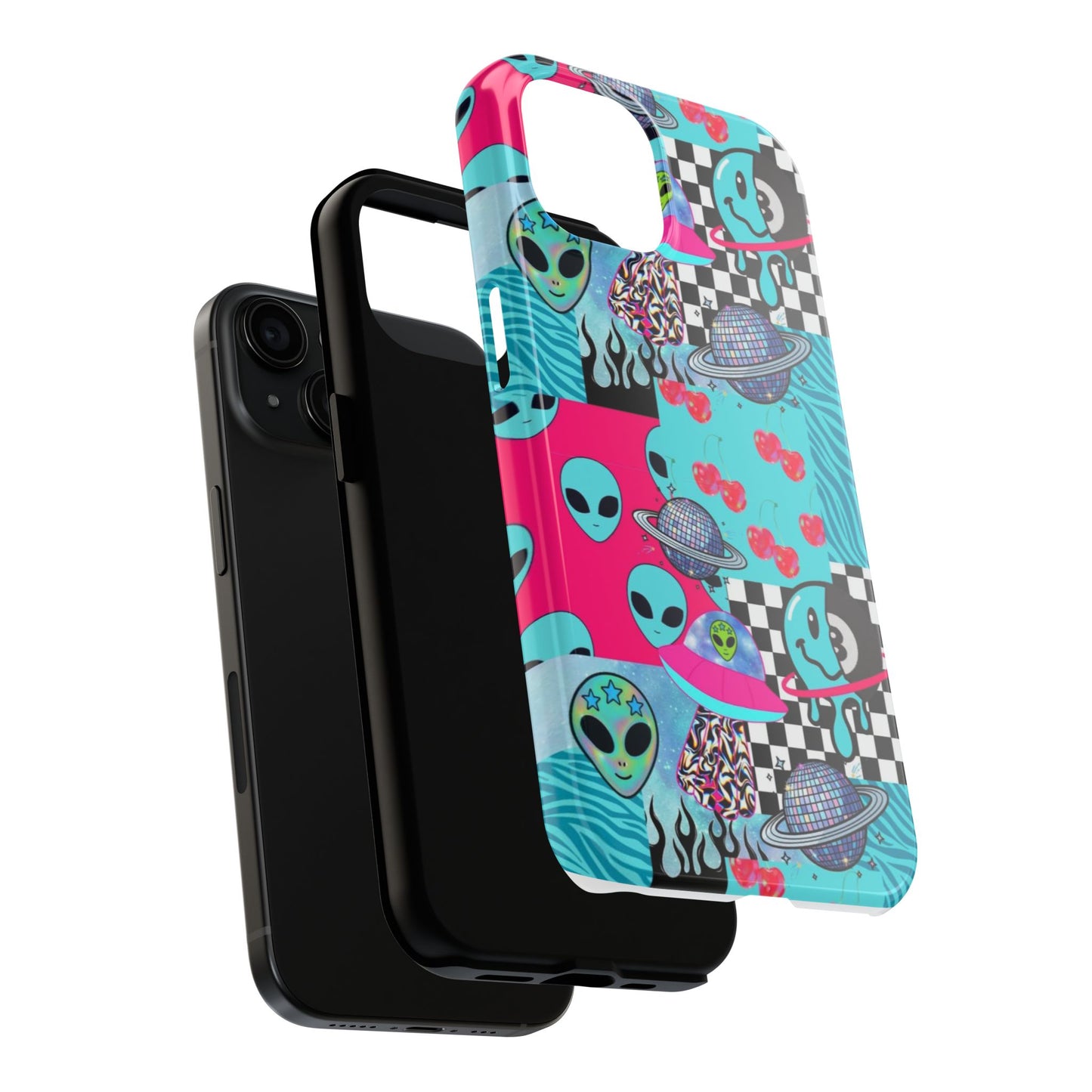 Alien Collage Tough Phone Case — Retro Checkerboard, Planets & Cherry Pop Design