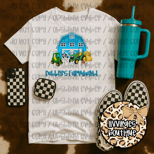 Kids Tee — Blue Barn Tractor Farm Design (“Dallas’ Farm”)