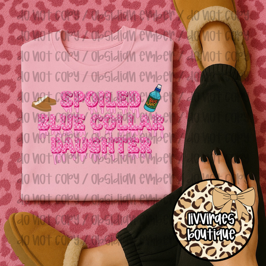 Kids Tee — "Spoiled Blue Collar Daughter" Pink Bubble Letter Design