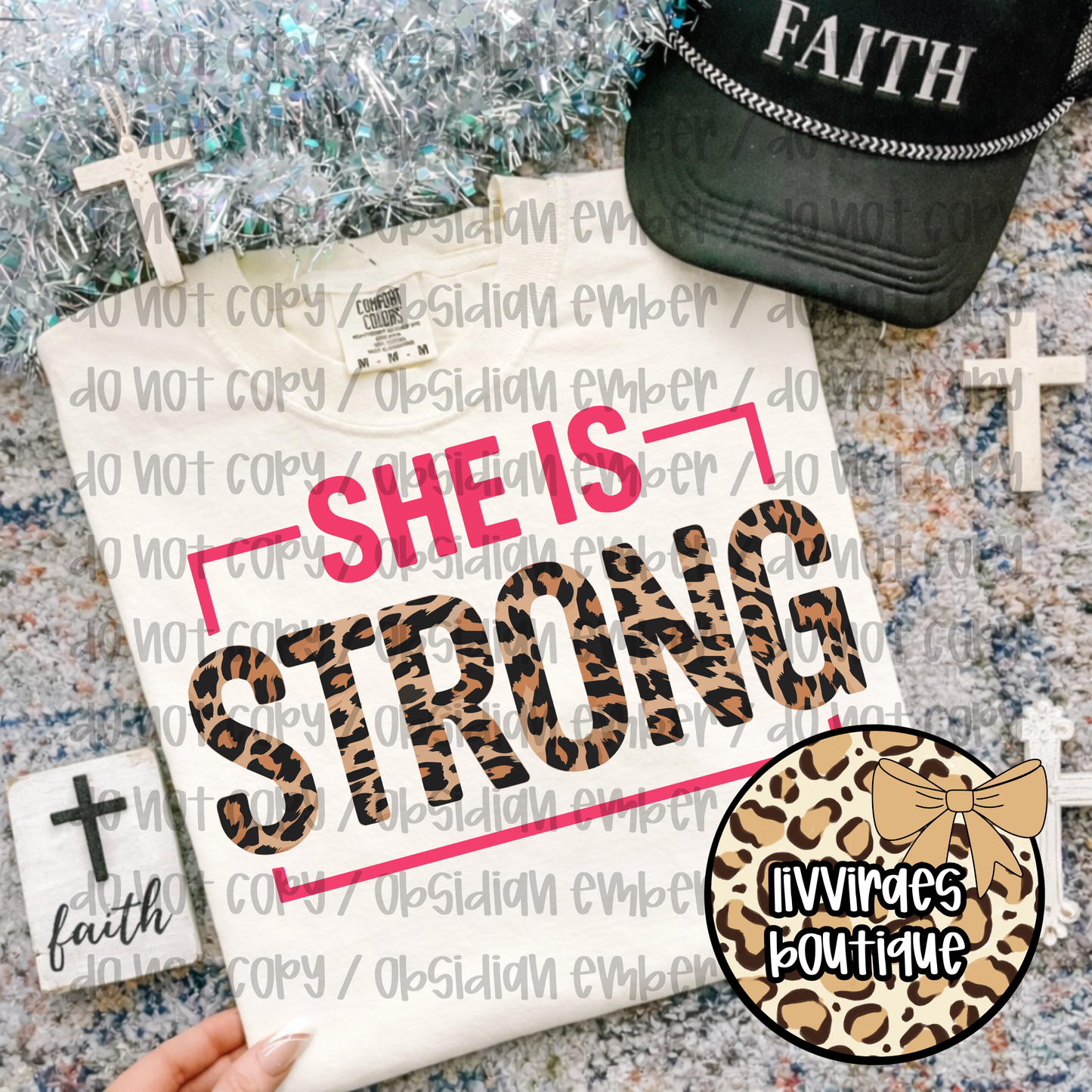 She Is Strong Leopard Print Tee — Women's Empowerment Graphic T-Shirt