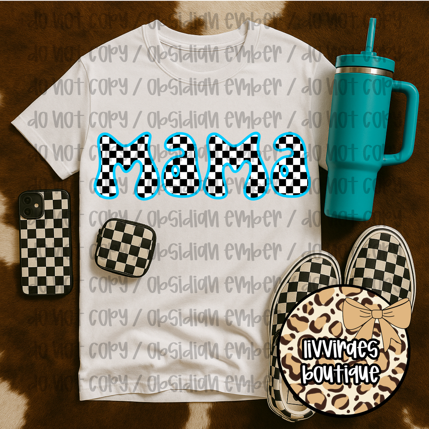 Mama Checkerboard Tee – Retro Blue Pattern Mother's Day Shirt