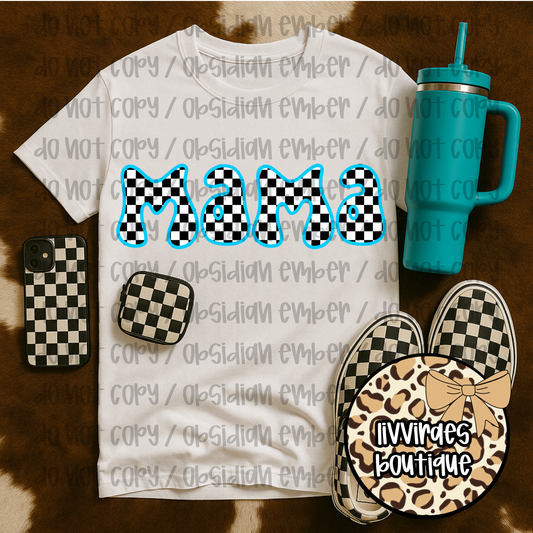 Mama Checkerboard Tee – Retro Blue Pattern Mother's Day Shirt