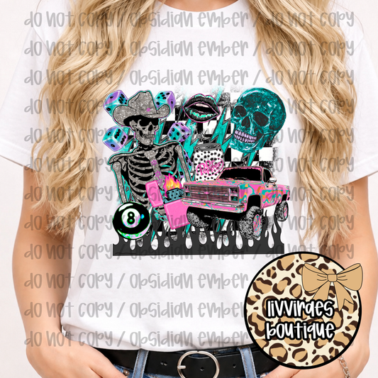 Skeleton Lowrider Tee — Retro Neon Goth Car Culture Shirt