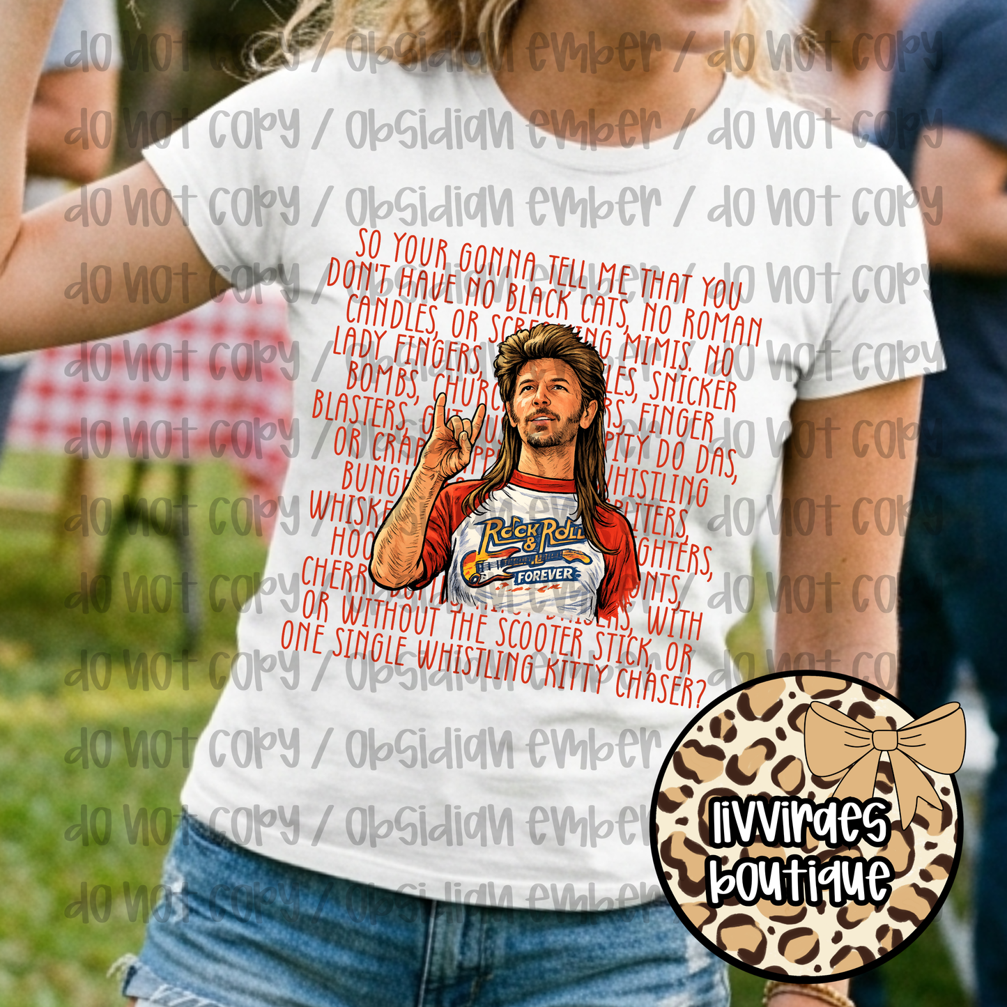 Graphic Tee — Retro Singer Illustration with Hand Gesture & Script Background