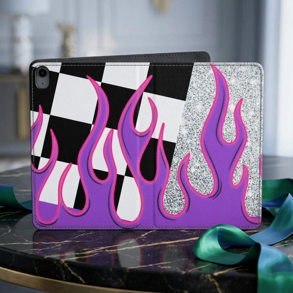 Purple Flame Checkered Tablet Folio Case — Glitter Accent, Retro Racer Vibe