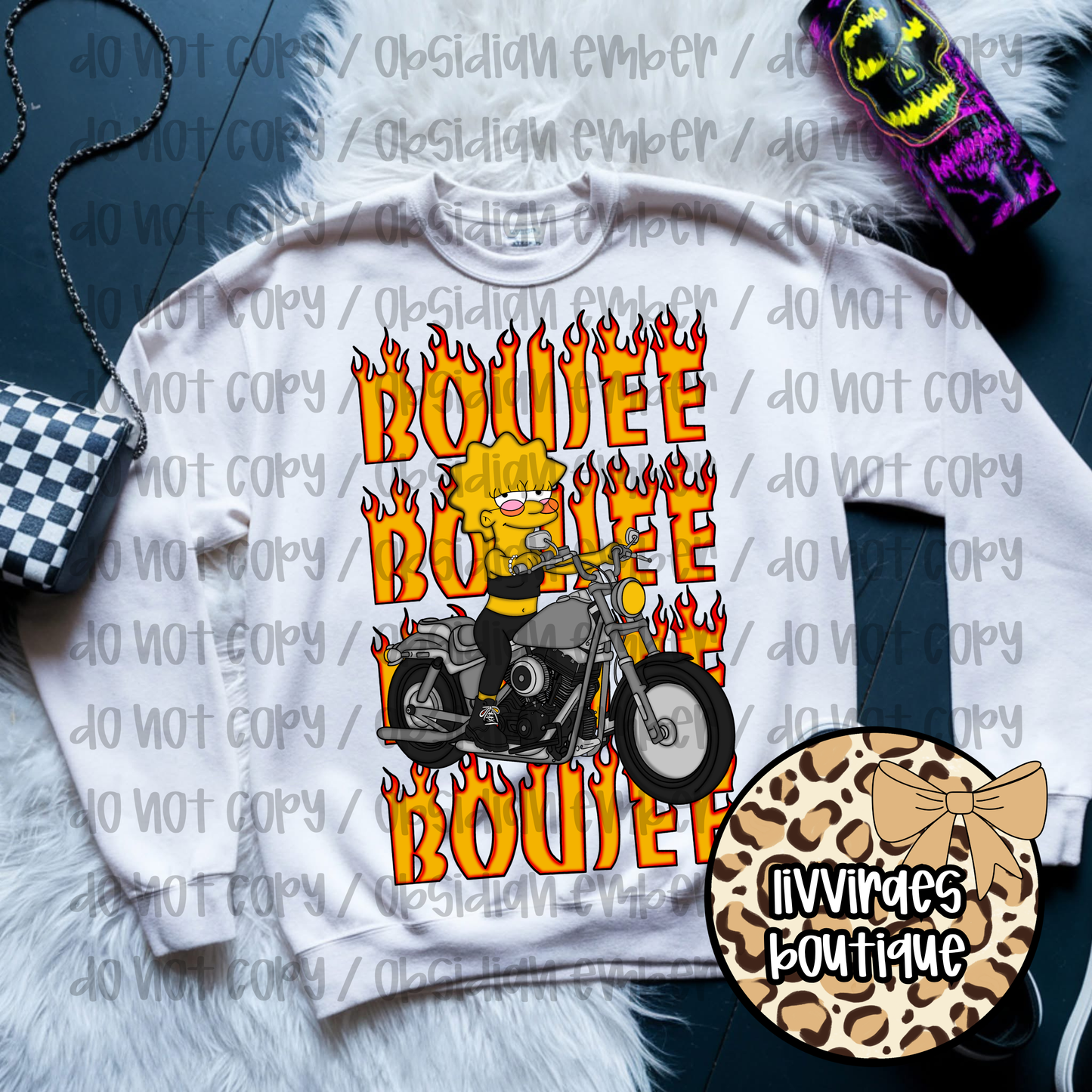 T-Shirt — 'Boujee' Motorcycle Graphic Tee with Flames (Biker Streetwear)