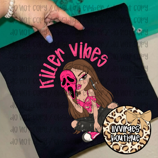 Killer Vibes Graphic Tee — Pink Girl Skull Illustration T-Shirt