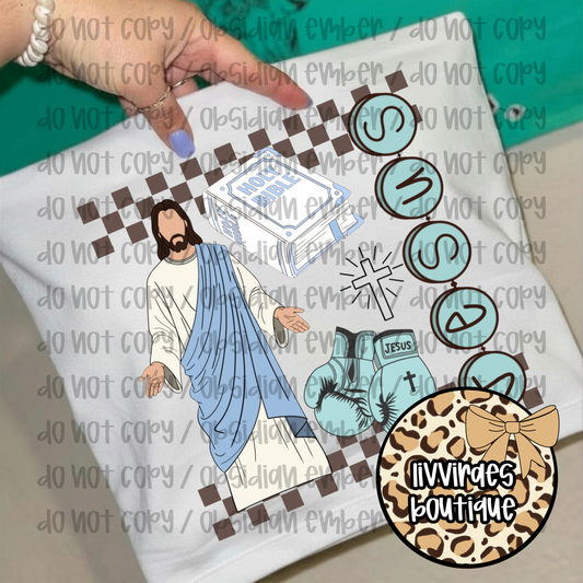 Jesus Graphic Tee – Faith Icons Design (Bible, Cross, 'Jesus' Text)