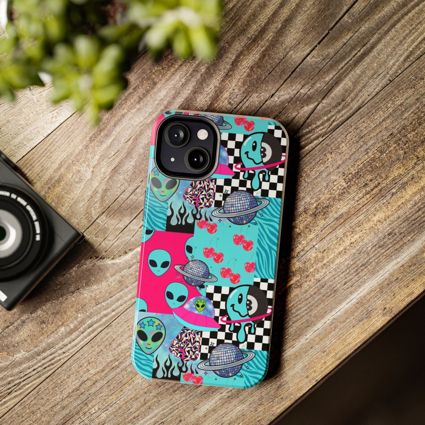 Alien Collage Tough Phone Case — Retro Checkerboard, Planets & Cherry Pop Design