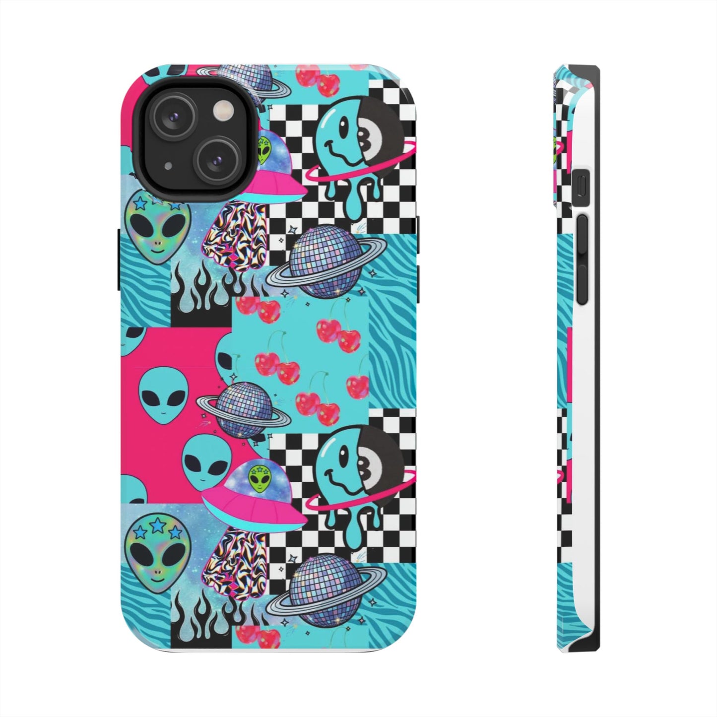 Alien Collage Tough Phone Case — Retro Checkerboard, Planets & Cherry Pop Design