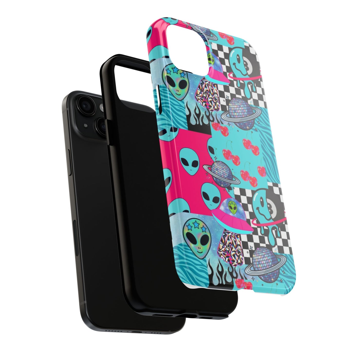 Alien Collage Tough Phone Case — Retro Checkerboard, Planets & Cherry Pop Design