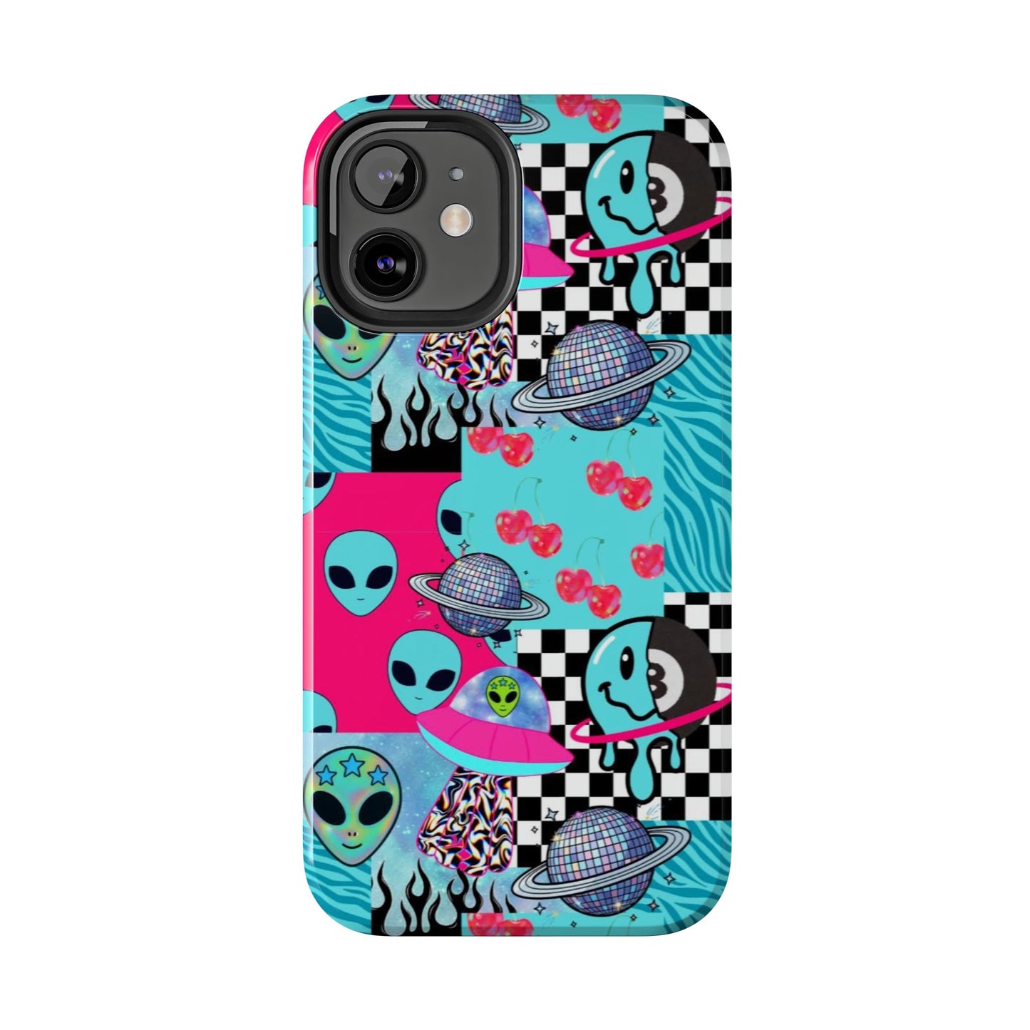 Alien Collage Tough Phone Case — Retro Checkerboard, Planets & Cherry Pop Design