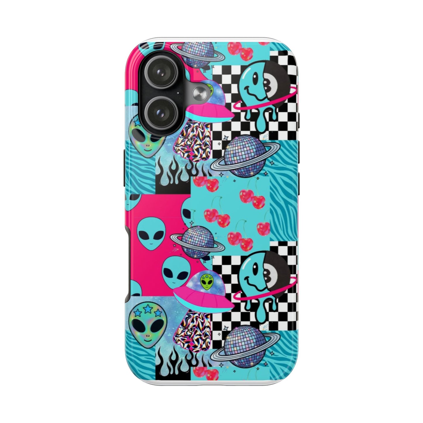 Alien Collage Tough Phone Case — Retro Checkerboard, Planets & Cherry Pop Design