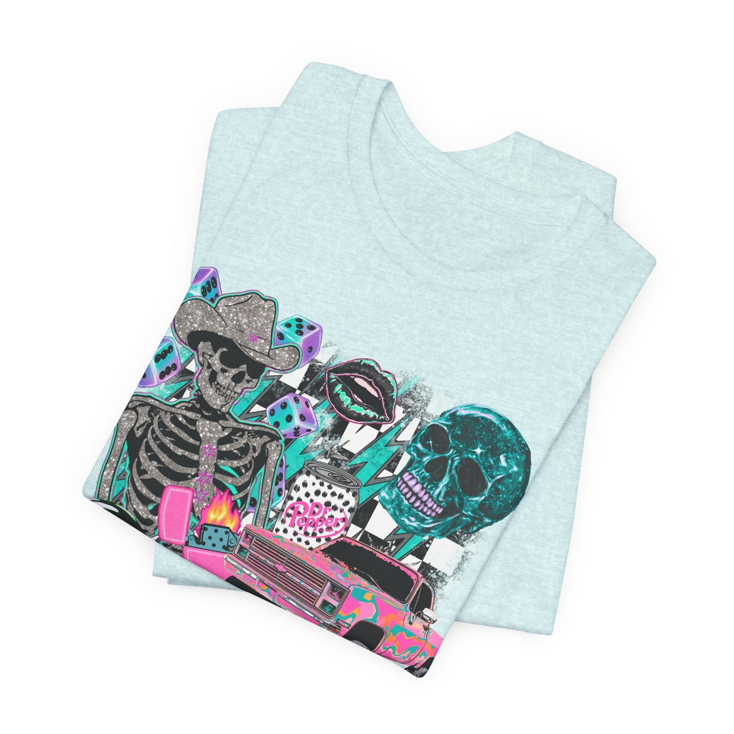 Skeleton Lowrider Tee — Retro Neon Goth Car Culture Shirt