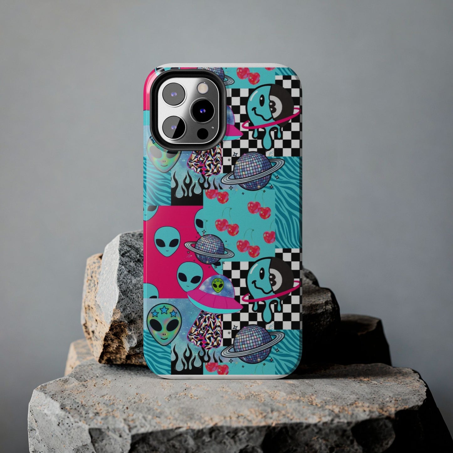 Alien Collage Tough Phone Case — Retro Checkerboard, Planets & Cherry Pop Design