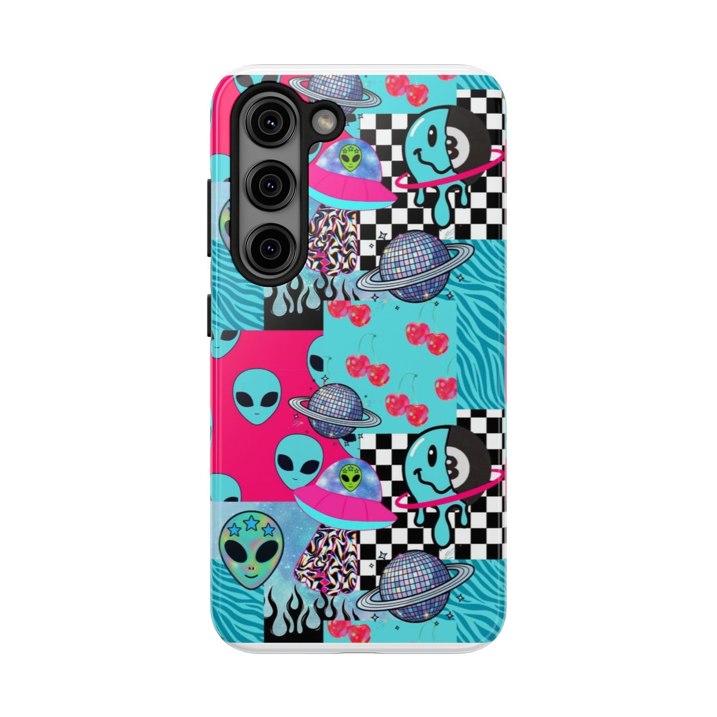 Alien Collage Tough Phone Case — Retro Checkerboard, Planets & Cherry Pop Design