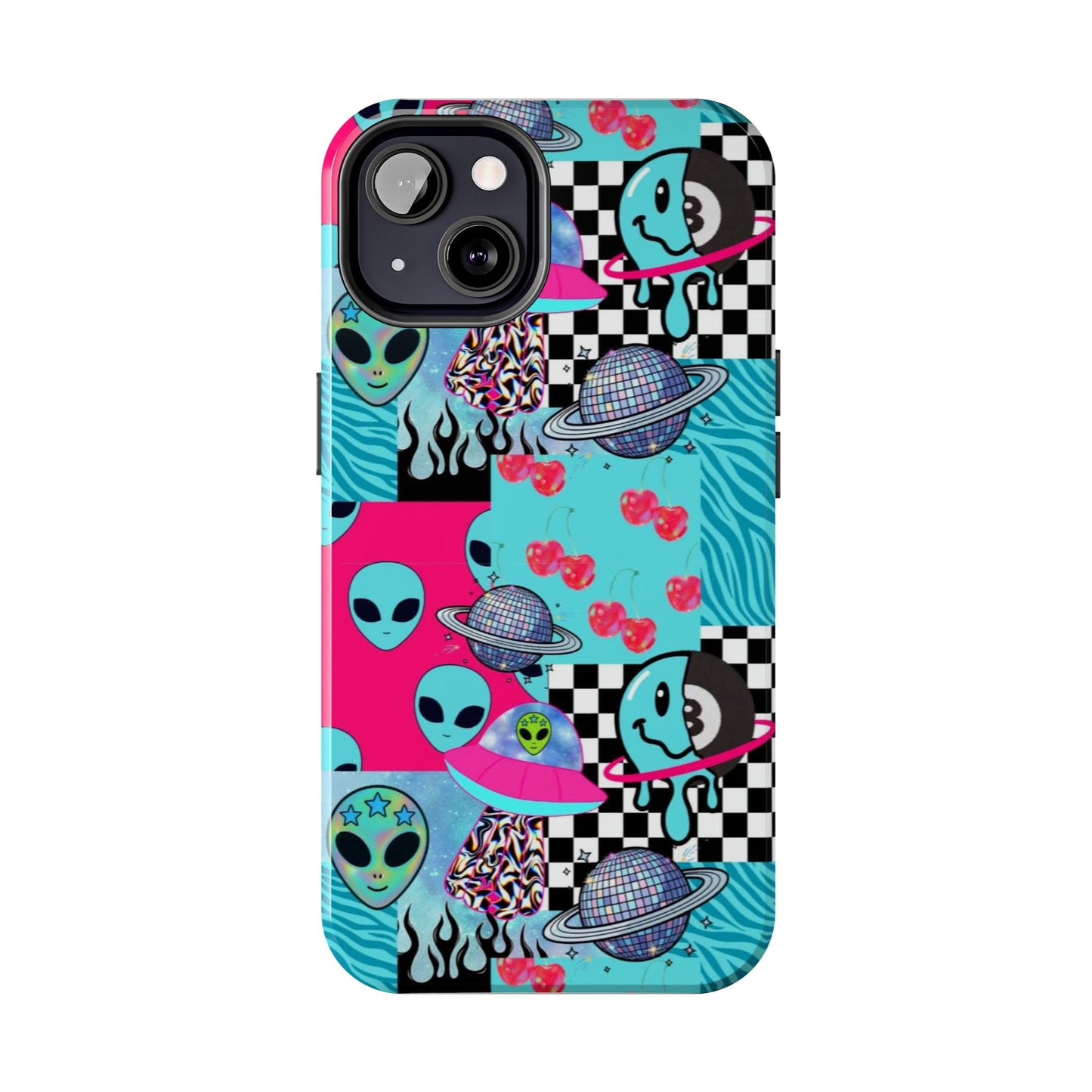 Alien Collage Tough Phone Case — Retro Checkerboard, Planets & Cherry Pop Design