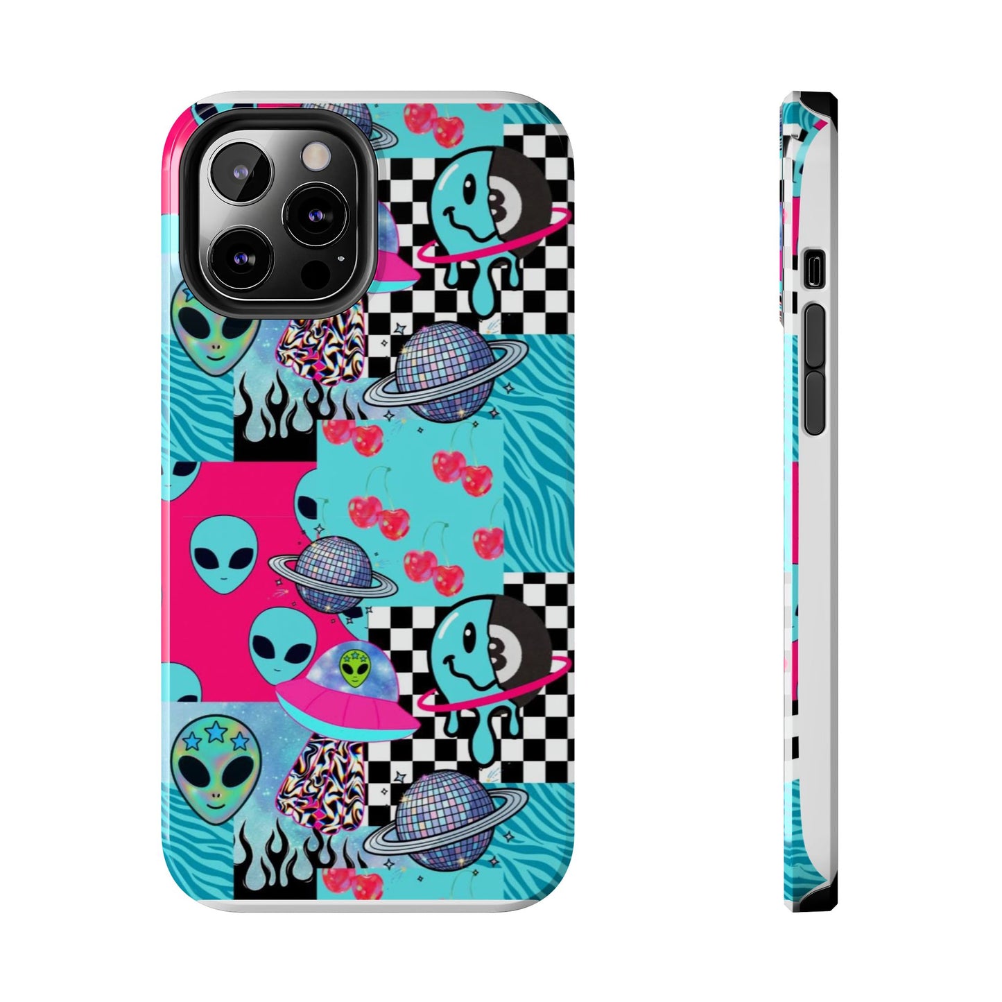 Alien Collage Tough Phone Case — Retro Checkerboard, Planets & Cherry Pop Design