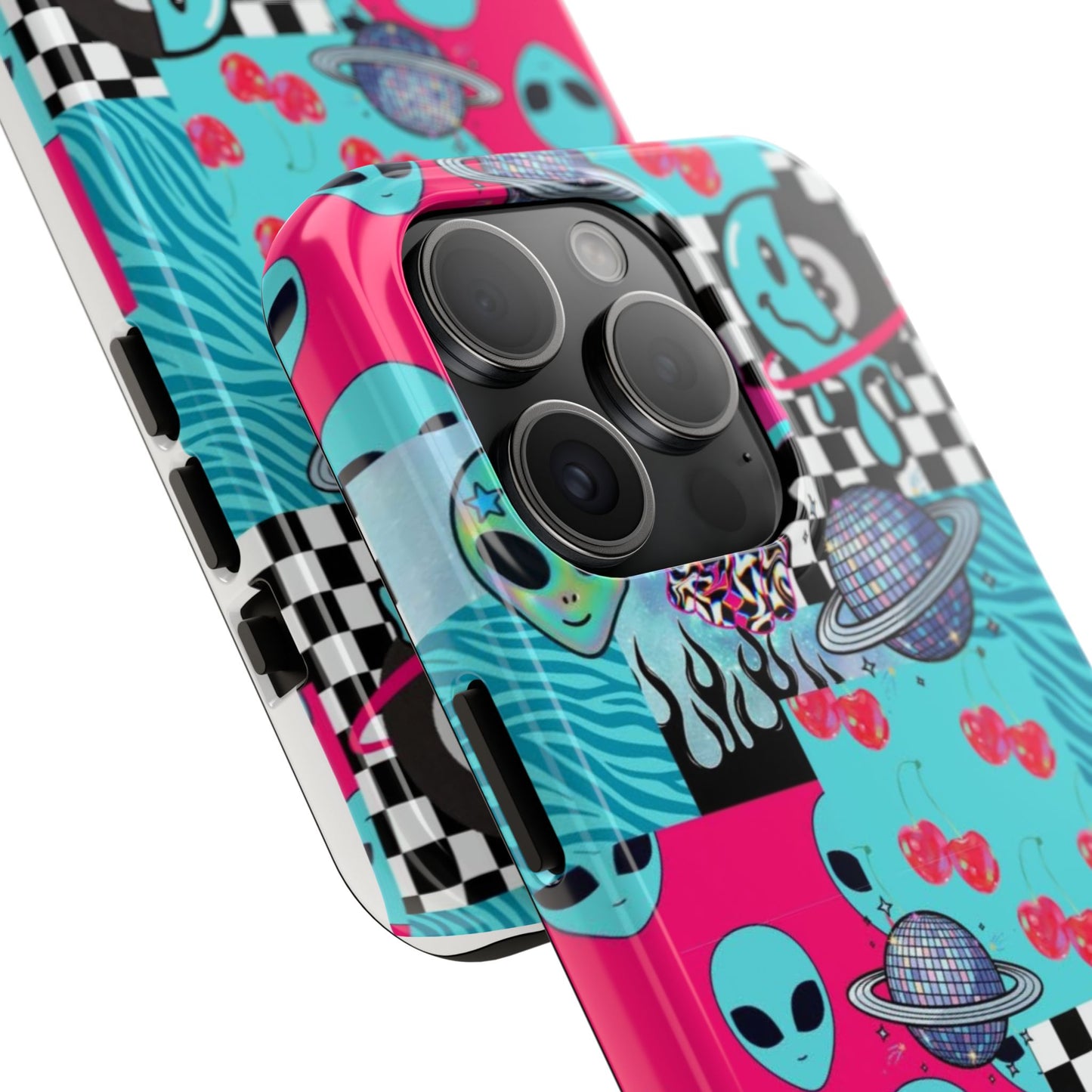 Alien Collage Tough Phone Case — Retro Checkerboard, Planets & Cherry Pop Design