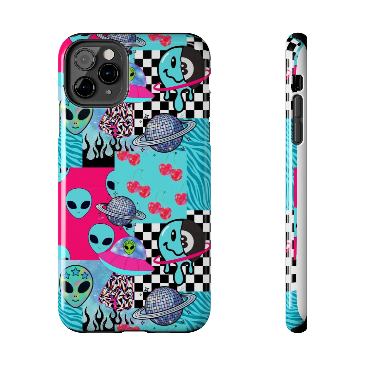 Alien Collage Tough Phone Case — Retro Checkerboard, Planets & Cherry Pop Design