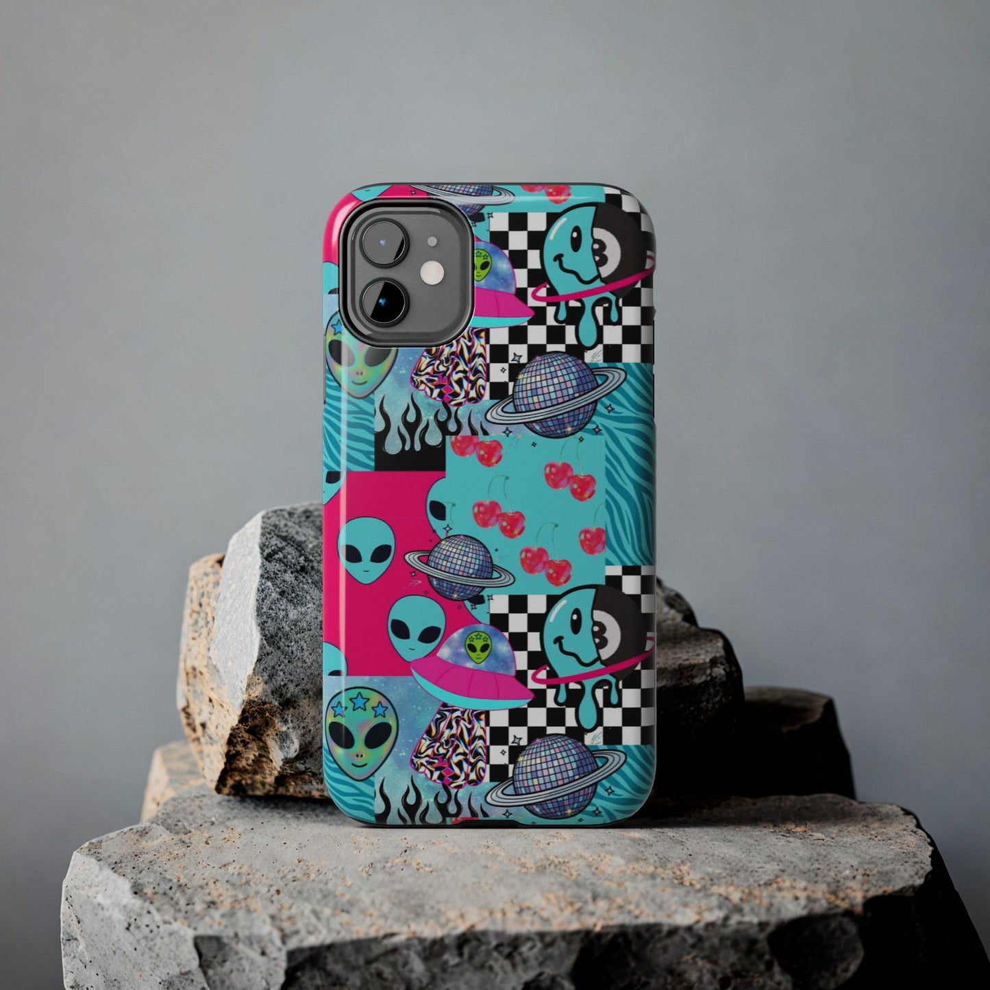 Alien Collage Tough Phone Case — Retro Checkerboard, Planets & Cherry Pop Design
