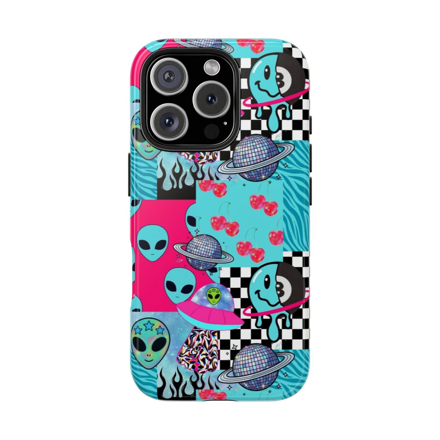 Alien Collage Tough Phone Case — Retro Checkerboard, Planets & Cherry Pop Design