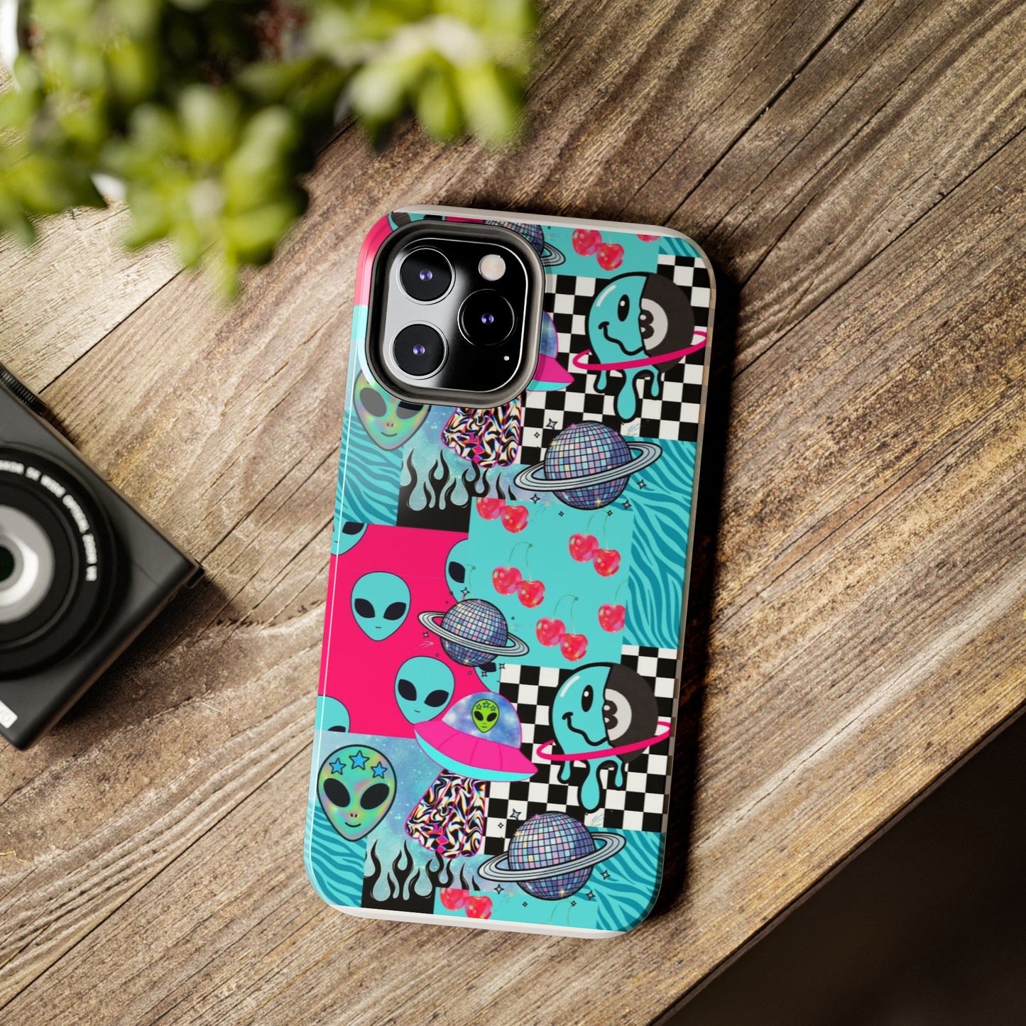 Alien Collage Tough Phone Case — Retro Checkerboard, Planets & Cherry Pop Design
