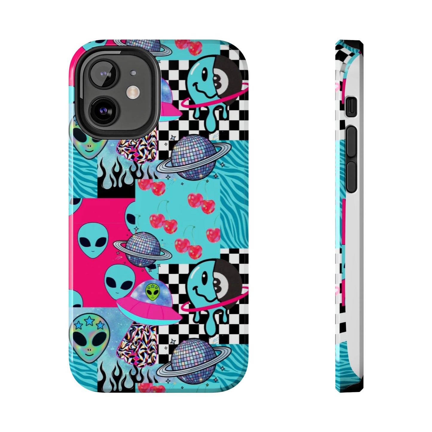 Alien Collage Tough Phone Case — Retro Checkerboard, Planets & Cherry Pop Design