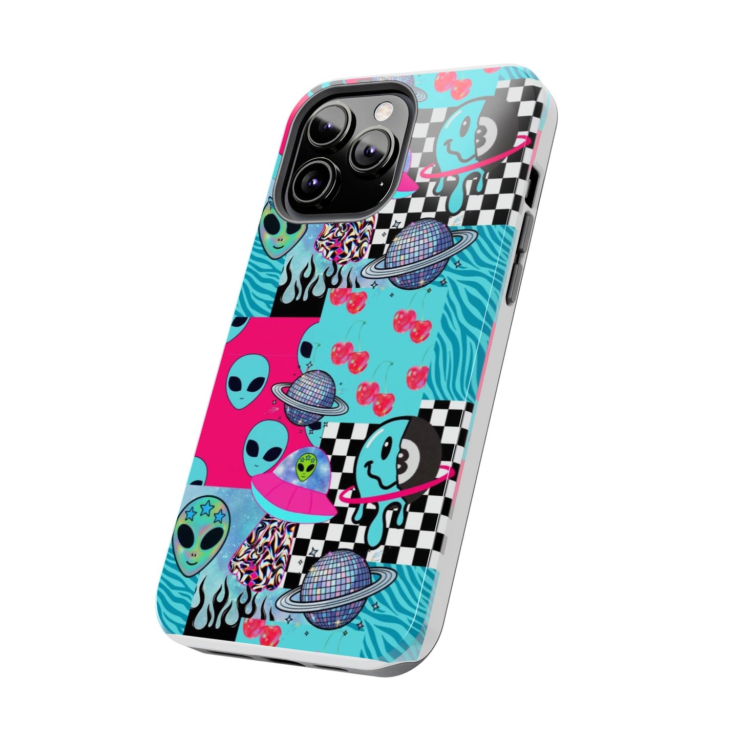 Alien Collage Tough Phone Case — Retro Checkerboard, Planets & Cherry Pop Design