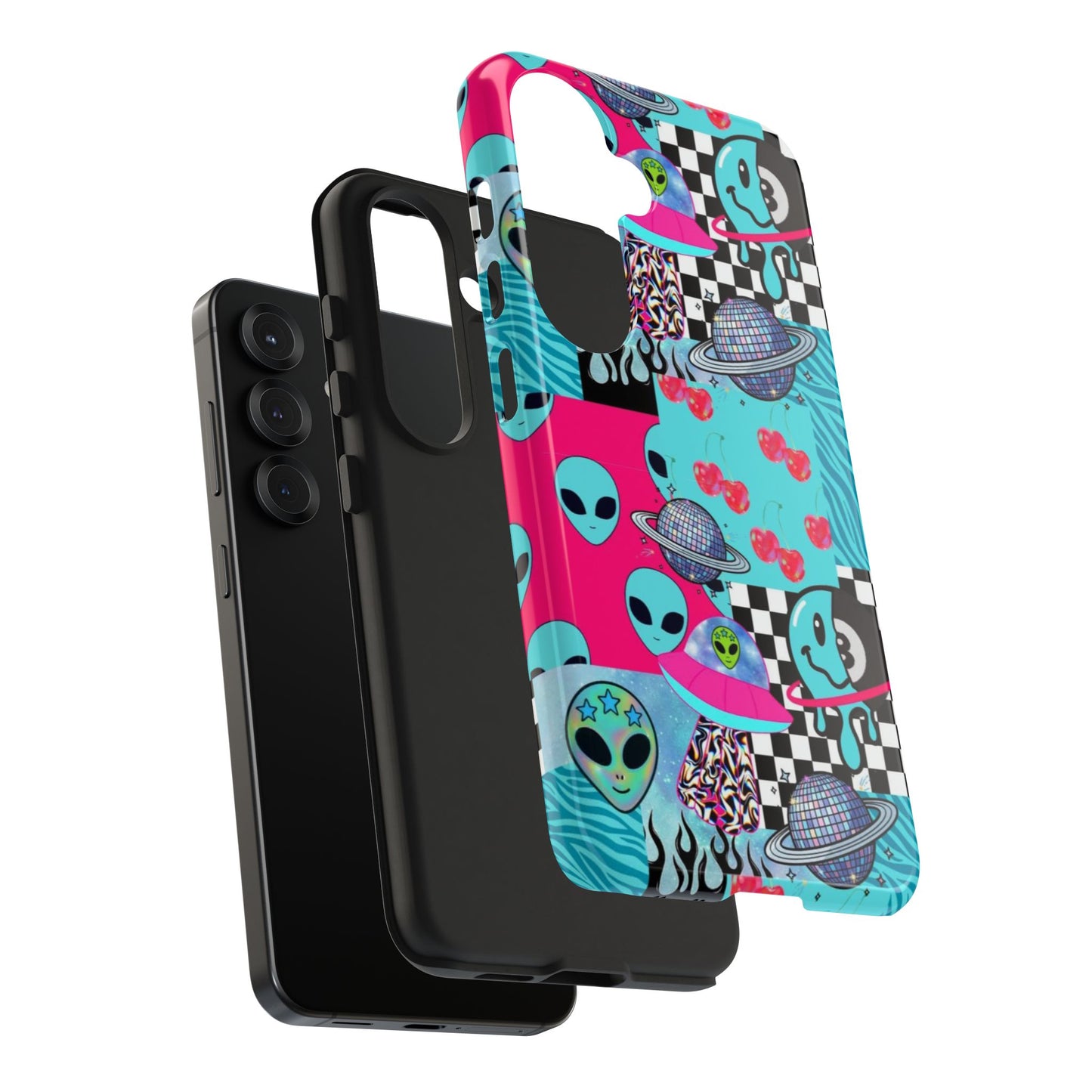 Alien Collage Tough Phone Case — Retro Checkerboard, Planets & Cherry Pop Design