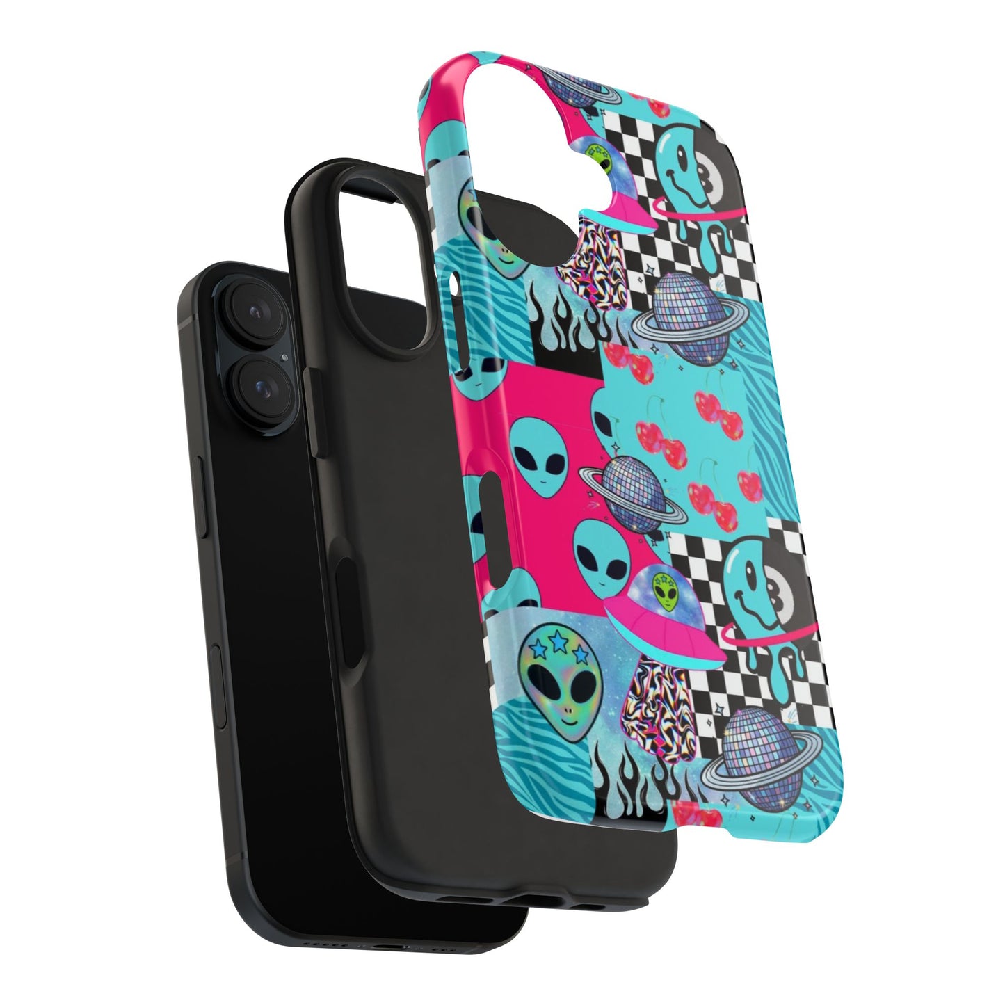 Alien Collage Tough Phone Case — Retro Checkerboard, Planets & Cherry Pop Design